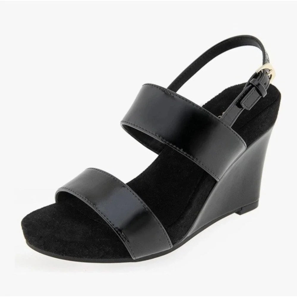 Aerosoles Petra Women's Wedge Sandals Black Patent Faux Leather Size 9.5
